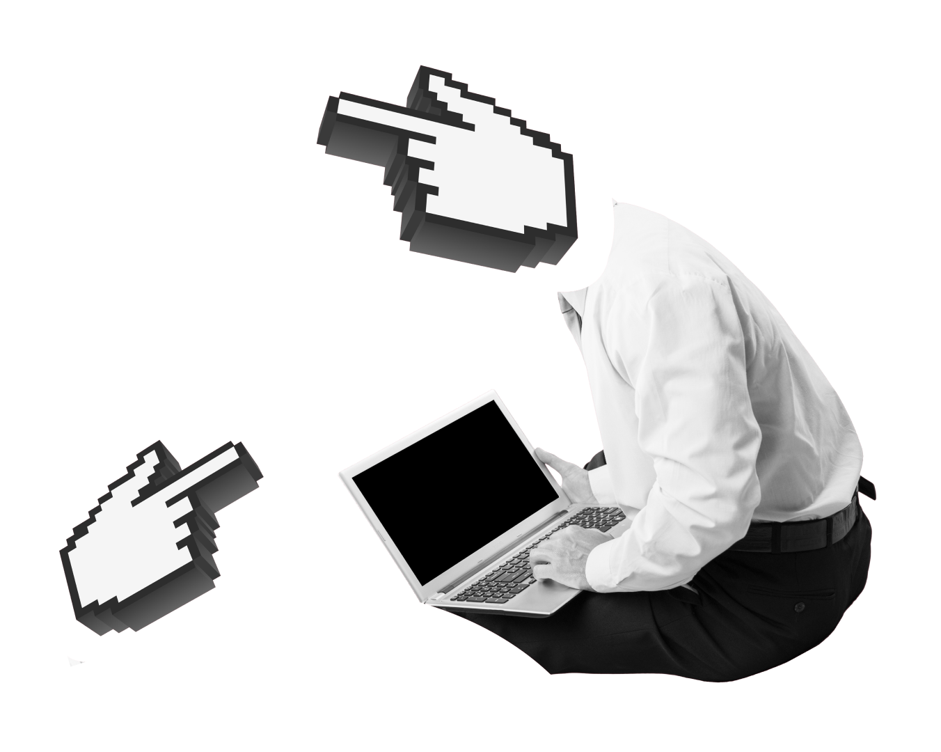 Black and white image of a man holding a computer and the pointer computer finger pointing as his head