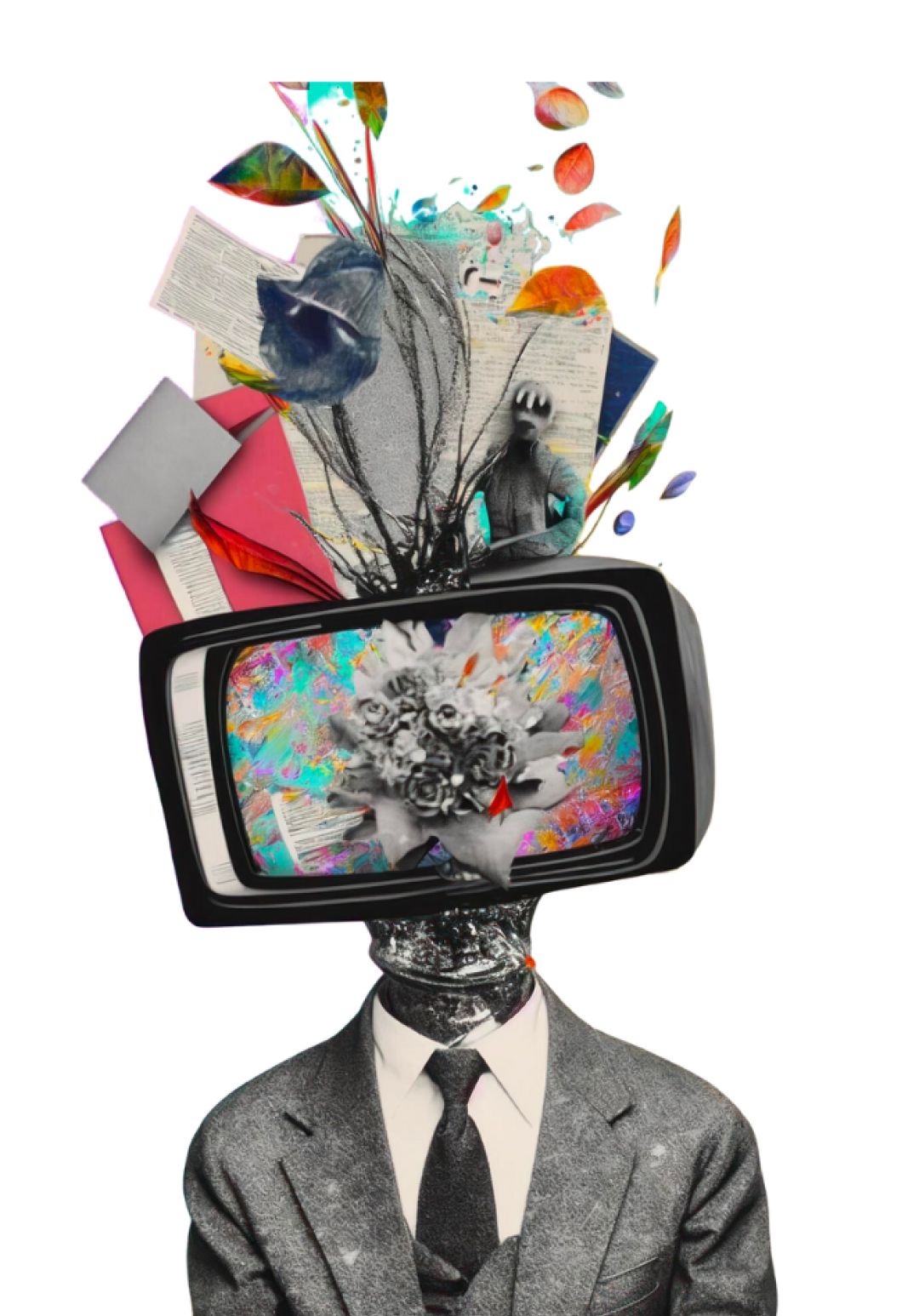 Funky collage of a man with a TV screen as his head