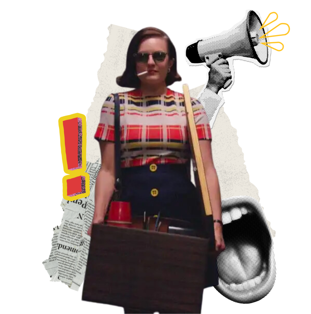 Collage photo of Peggy from hit series "Mad Men" with artistic  flourishes and megaphone