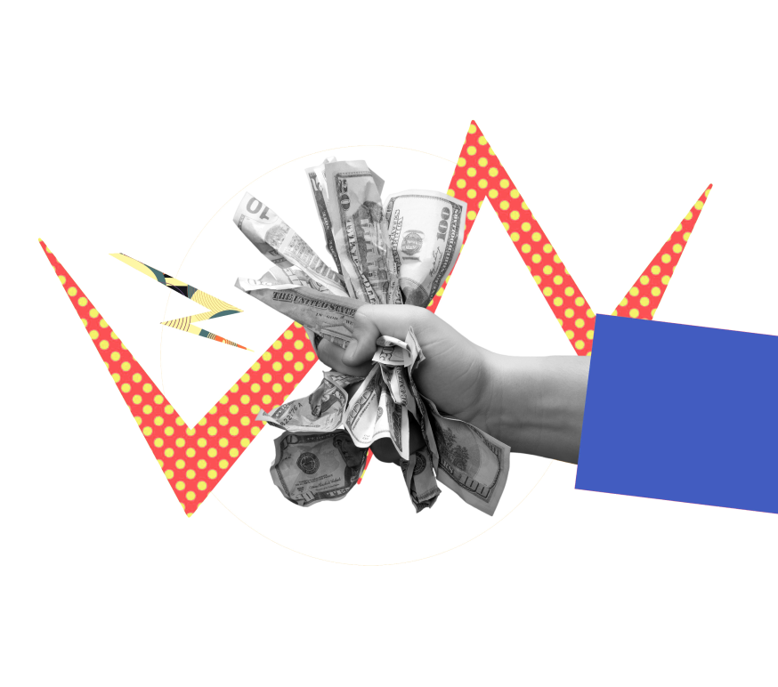 Collage art of a man's hand holding a fistful of money